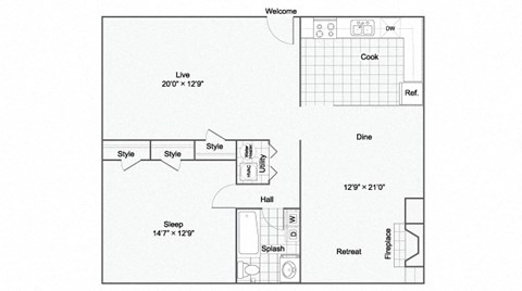 Floor plan for 1 bed, 1 bath, 980 sqft